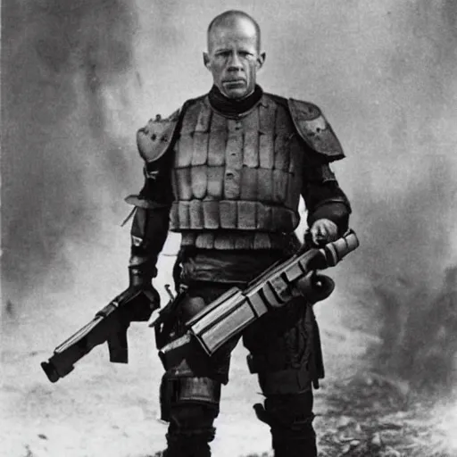 Image similar to old black and white photo, 1 9 1 3, depicting bruce willis in combat armor with guns, historical record, volumetric fog