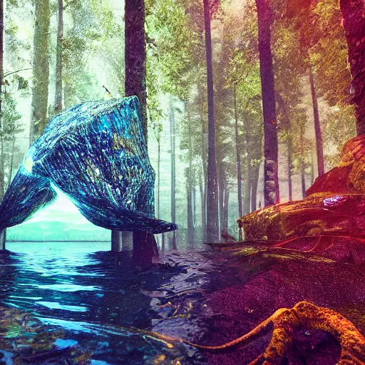 Image similar to supernatural magic occult mystical mystic paranormal preternatural otherworldly cryptic uncanny lush forest. water. lake. ocean. dome. crystals. uhd. 8 k. unreal and octane and unity and blender and cinema 4 d render. post processed color correction harmonic.