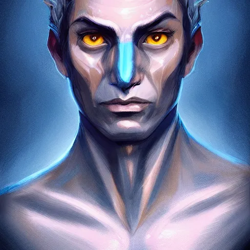 Prompt: head-on painted portrait, a blue-skinned man in his twenties as a D&D wizard, fantasy, intricate, elegant, highly detailed, digital painting, smooth, sharp focus, illustration, artstation, in the style of Artgerm and Anna Podedworna and Charlie Bowater