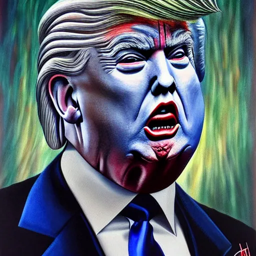 Image similar to h. r. giger donald trump painting, hyperdetailed, photorealistic, 4 k