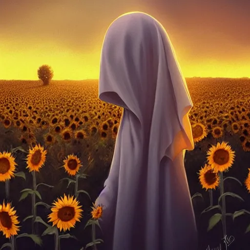 Image similar to Bedsheet Ghost in a field of sunflowers, sunset, highly detailed, digital painting, artstation, concept art, smooth, sharp focus, illustration, art by artgerm