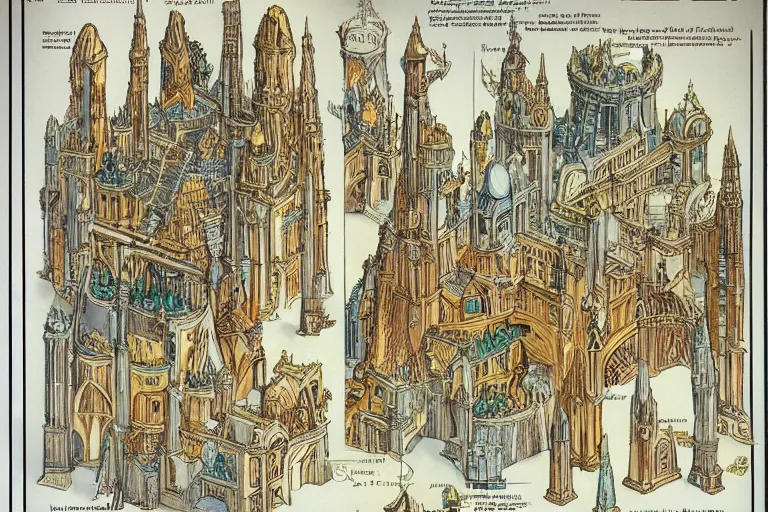 Prompt: page of encyclopedia color illustrations : : fantasy architecture, diagrams showing various fantasy architecture styles, insanely detailed, informative texts and graphs