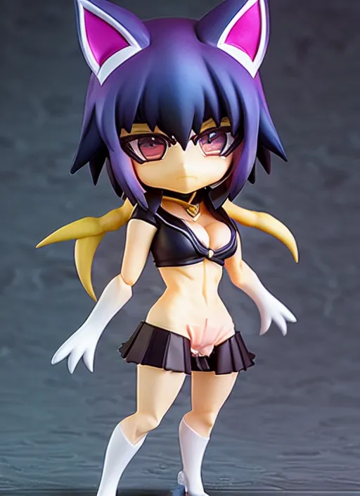 Image similar to chic kda ahri from league of legends nendoroid full body hyperdetalied, hero action pose, osamu tezuka, macoto takahashi, chibi, q posket, 8 k realistic, 3 d, cryengine, exquisite, charming smile, shape focus, symmetrical face, artstation, frostbite 3 engine, cryengine