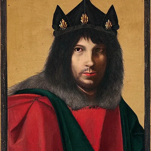 Prompt: a wolf wearing a crown and cape, renaissance style portrait painting, dark background