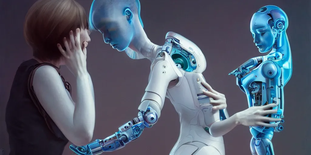 Prompt: hyperrealistic photography of a cyborg patting an android machine in the style of Jin Kagetsu, patricia piccinini, James Jean and wlop, highly detailed, masterpiece, award-winning, sharp focus, intricate concept art, ambient lighting, 8k, artstation