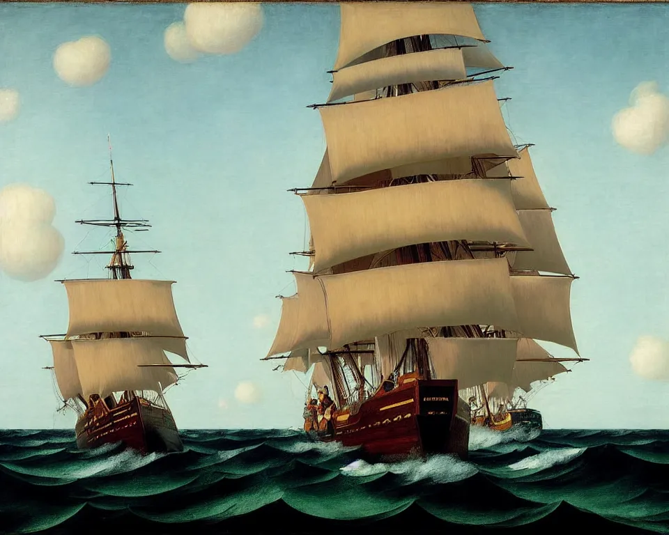 Image similar to an achingly beautiful print of the HMS Bounty sailing on stormy seas by Raphael, Hopper, and Rene Magritte. detailed, romantic, enchanting, trending on artstation.