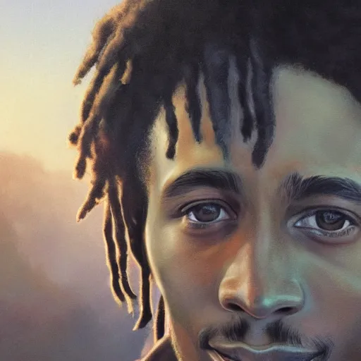 Image similar to closeup portrait of a young bob marley, serene light, gorgeous view, depth, high detail, digital art, painted by greg rutkowski and seb mckinnon, by tim burton, trending on artstation