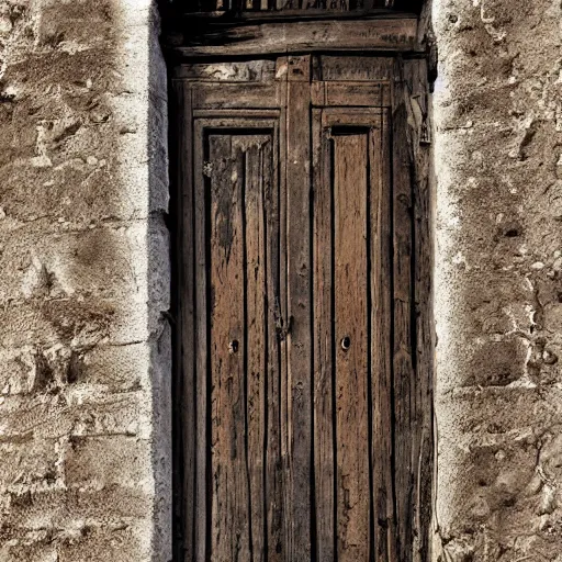 Prompt: Caricature, ajar dilapidated door with a human face dangles on hinges, medieval style, dramatic lighting