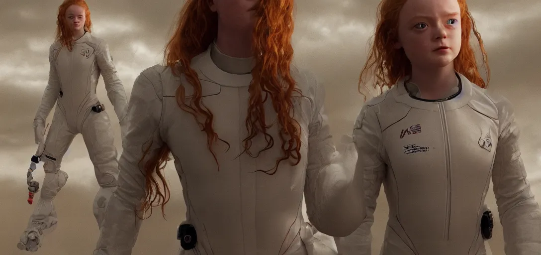 Image similar to character sheet concept art of sadie sink in a skintight white spacesuit, realistic, hyperrealistic, photographic, costume, wlop, dan mumford, greg rutkowski, high detail, octane render, alexander mcqueen, james gurney, james jean, mucha, photo, 8 k, intricate