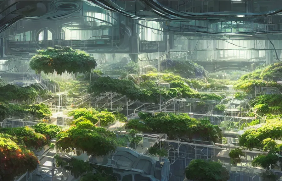 Image similar to concept art of a lush indoor hydroponics lab in a far - future utopian city, key visual, ambient lighting, highly detailed, digital painting, artstation, concept art, sharp focus, by makoto shinkai and akihiko yoshida and hidari and wlop