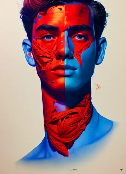 Image similar to red and blue color theme, beautiful hyperrealisitic portrait of burning police officer, tristan eaton, victo ngai, artgerm, rhads, ross draws