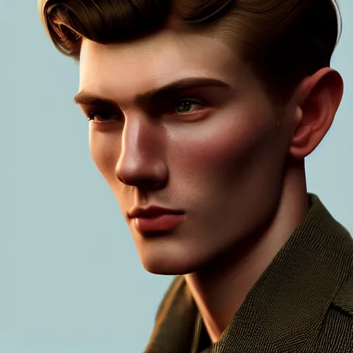 Prompt: A videogame portrait of a young Irish man with high cheekbones. Good bone structure. Dressed in 1940s style. (Hazel hair). Highly detailed, fine Art, high detail, great lighting, 8k resolution, masterpiece, concept art, illustration, clear eyes, painting oil on canvas, octane render, HDR, trending on artstation, 4k, 8k, HD