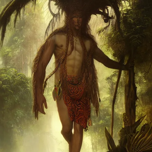 Prompt: jaguar priest, mayan temple in the jungle, by tom bagshaw, by gaston bussiere, sunlit, mist, octane render