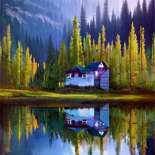 Image similar to small robot cottage at the edge of a lake in the mountains, painterly painting by gurney and beeple, soft glowing windows, early evening, reflections, pine trees, detailed, outlined