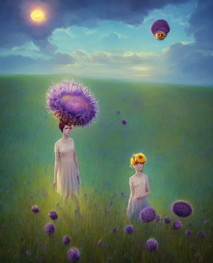 Prompt: portrait, large thistle flower under head, a girl in a in field of flowers, translucent jellyfish flying around, surreal photography, sunrise, blue sky, dramatic light, impressionist painting, digital painting, artstation, simon stalenhag