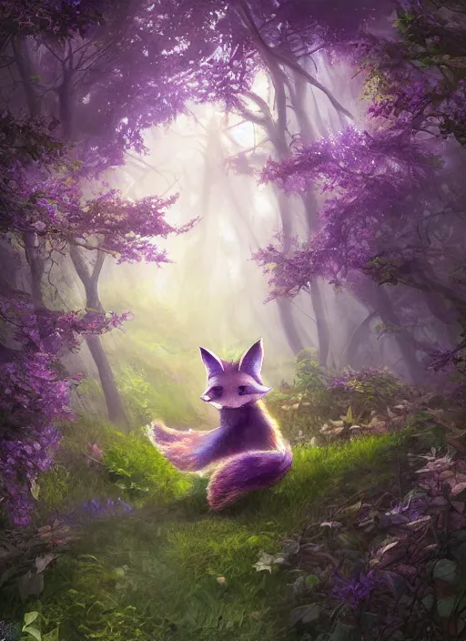 Image similar to Magical fox, sneaking in a forest, fantasy, painting, violet flowers, atmospheric, illustration, low angle, high quality, highly detailed, Marc Simonetti, Andreeva Katerina