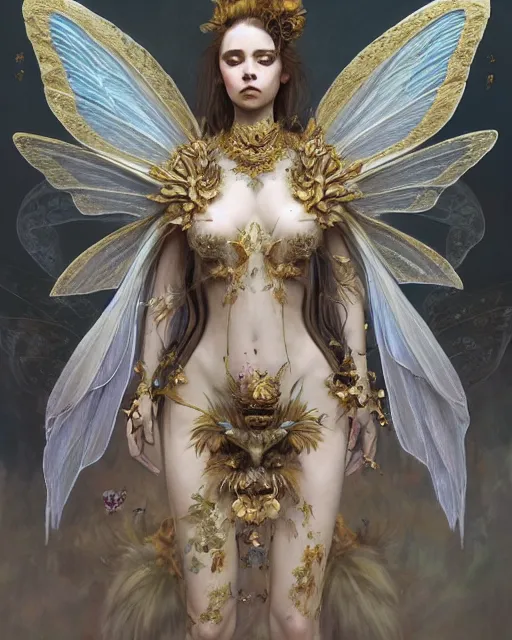 Prompt: Moth Fairy Maiden with large moth like wings wearing ornate dress by Ruan Jia and Andrei Riabovitchev, featured on Artstation, Hyperdetailed, stylized, realistic oil on linen, masterpiece, fantasycore, dark Academia