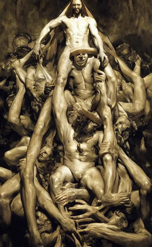 Prompt: jesus christ wearing blindfold!!!!! sitting on a huge!!!! throne of entwined bodies, elegant, ominous, highly detailed painting by goya!!! phil hale!! gaston bussiere, craig mullins, j. c. leyendecker, 8 k, mid shot