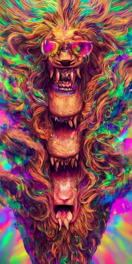 Prompt: impossibly beautiful portrait, dapper dream demon, lion creature, wings, bad trip, insane smile, intricate complexity, surreal horror, inverted neon rainbow drip paint, trending on art station, photoreal, 8 k, octane render by greg rutkowski