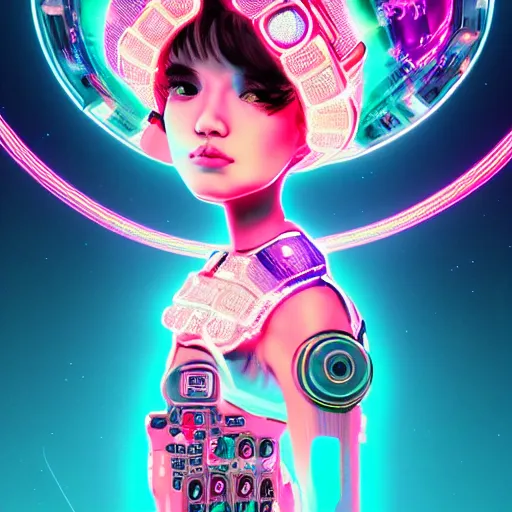 Image similar to a kawaii puerto rican goddess staring through the mothership of your souls, wearing a headpiece made of circuit boards and empathy machines, by alastair reynolds, ilya kuvshinov and stanley kubrick, pink, trending on artstation, cinematic, 3 d render, photorealistic