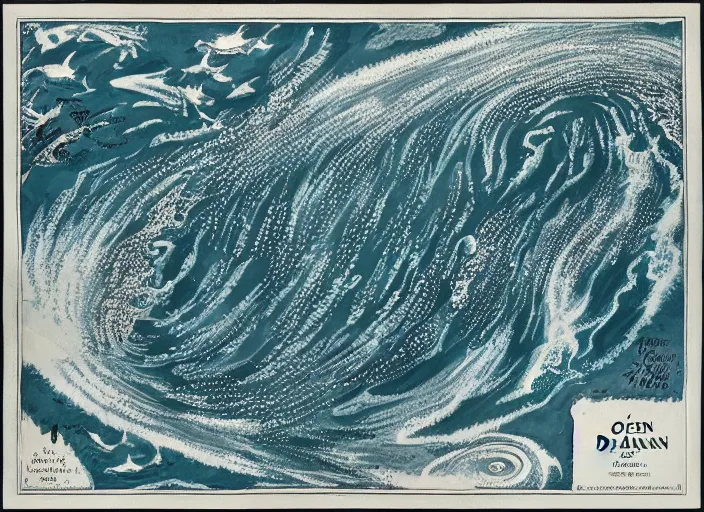 Prompt: ocean map depicting storms and whirlpools in the form of the blustering blast by charles simic