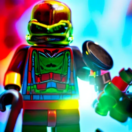 Prompt: A photo of LEGO Bionicle smoking a fat joint, lots of smoke, green red and yellow hues, 4k, award winning photo