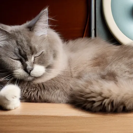 Image similar to ragdoll cat sleeping on a mid - century radio, soft cinematic lighting, realistic photograph,