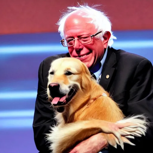 Image similar to bernie sanders hugging a golden retriever on a stage