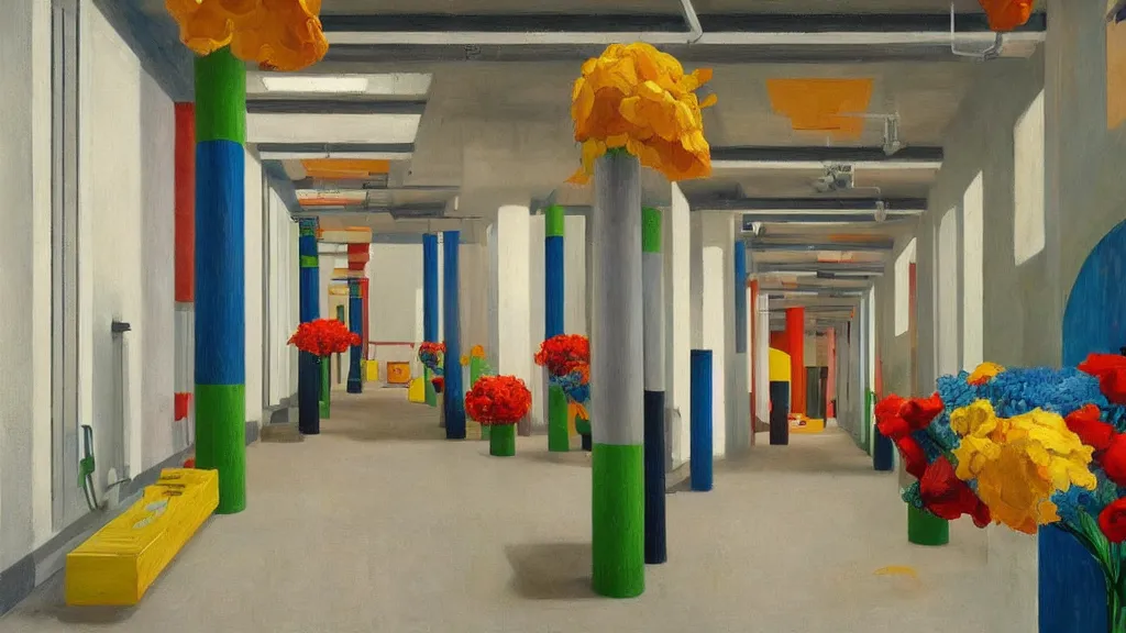 Image similar to colorful minimalist industrial interior hallway with monolithic pillars in the style of ridley scott and stanley kubrick, impossible stijl architecture, bed of flowers on floor, ultra wide angle view, realistic detailed painting by edward hopper