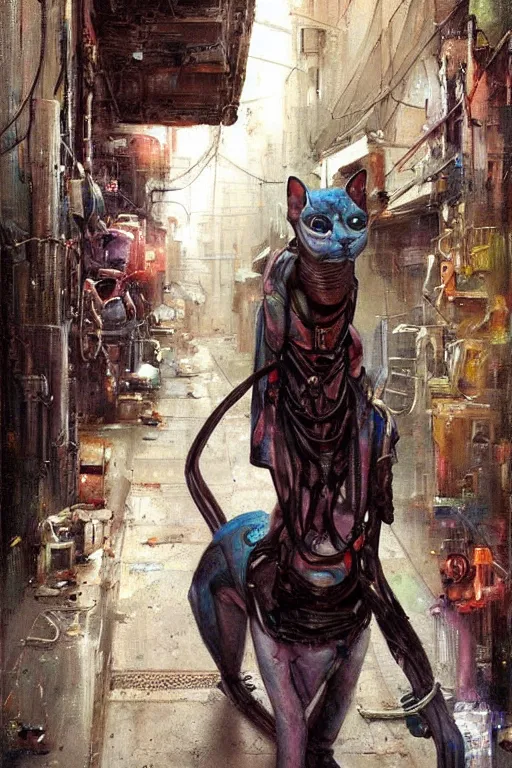 Image similar to a cyborg!! sphynx cat!!, in a cyberpunk alleyway by daniel gerhartz