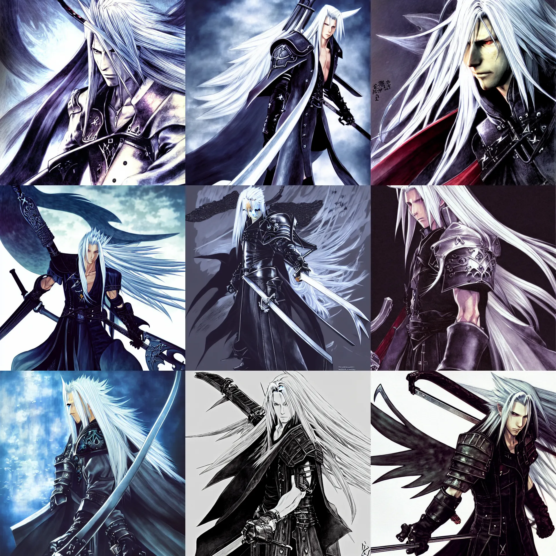 Image similar to Sephiroth illustrated by Akihiko Yoshida, concept art