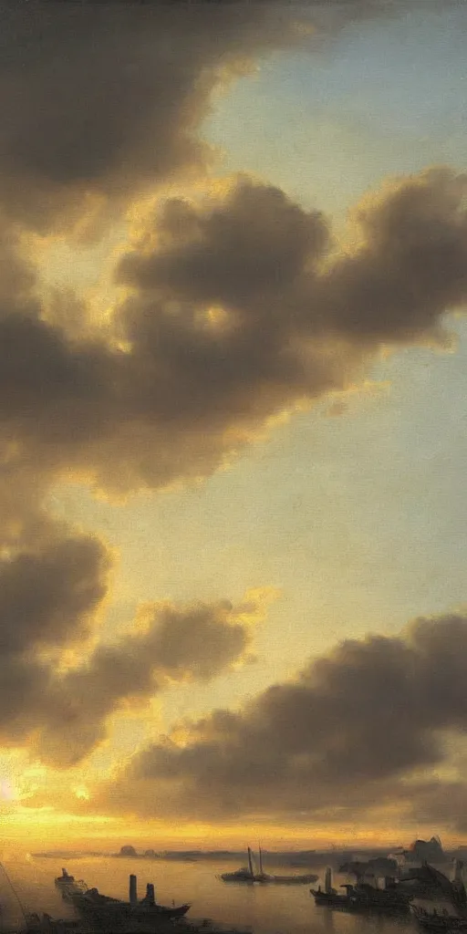 Image similar to a realistic oil painting of cloudy skies at sunrise, dutch masters