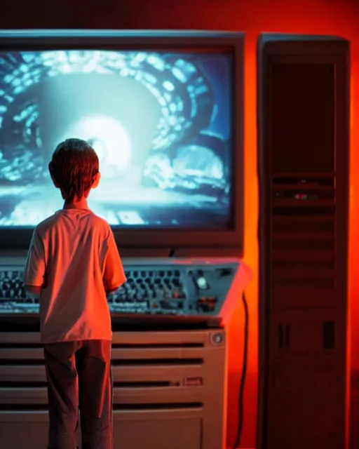 Image similar to 8k professional photo of an 8 years old enlightened and scared boy standing in front of an old computer from 90s with a game doom2 at the monitor screen, still from a 2021 movie by Alfonso Cuaron and James Cameron