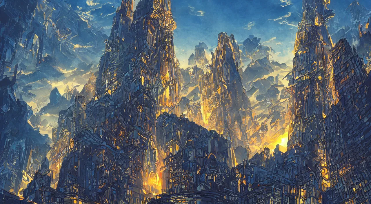 Image similar to fortress accadamy of tower cristal a spectacular view cinematic rays of sunlight comic book illustration, by john kirby