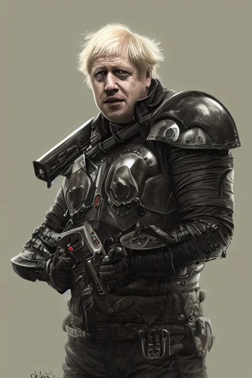 Prompt: Boris Johnson as Punisher, armor plate with skull image, realistic portrait, highly detailed, digital painting, artstation, concept art, smooth, sharp focus, illustration, cinematic lighting, art by artgerm and greg rutkowski and alphonse mucha