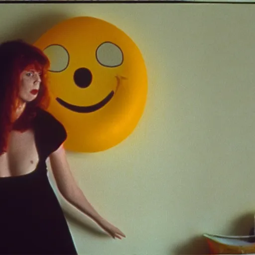 Image similar to still from a 1994 arthouse film about a depressed woman dressed as an inflatable smiley who meets a handsome younger man in a seedy motel room, color film, 16mm soft light, weird art on the wall