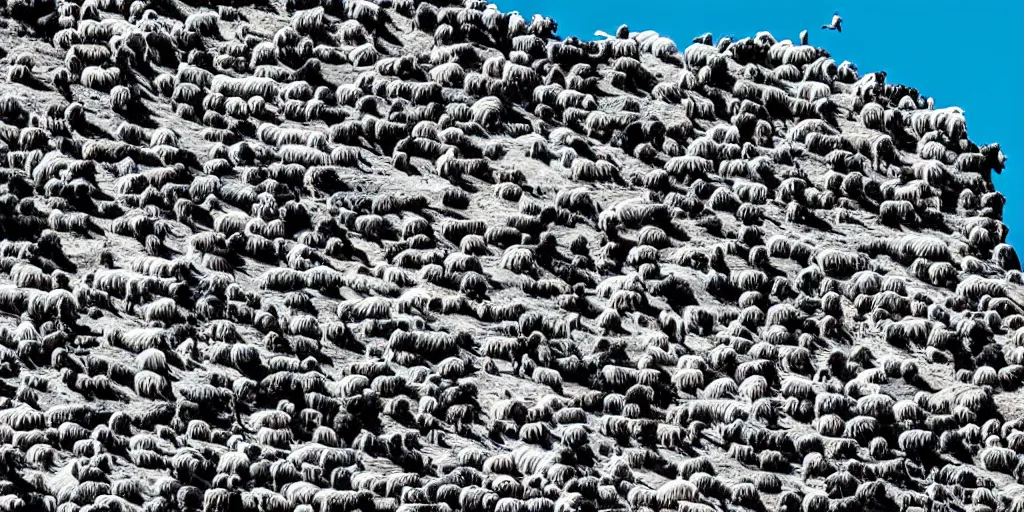 Prompt: forty five white sheep racing towards a cliff made of jagged rock and we can see them falling like lemmings down the cliff into the sea and facing the crashing white waves, there is one single black sheep going against the crowd, clear blue skies, old colored sketching, cliff panoramic shot