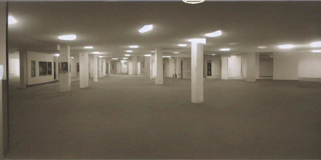 Prompt: a weird place full of people but now empty with eerie feeling, disposable colored camera, camera flash, house, mall, hallway, playground, office