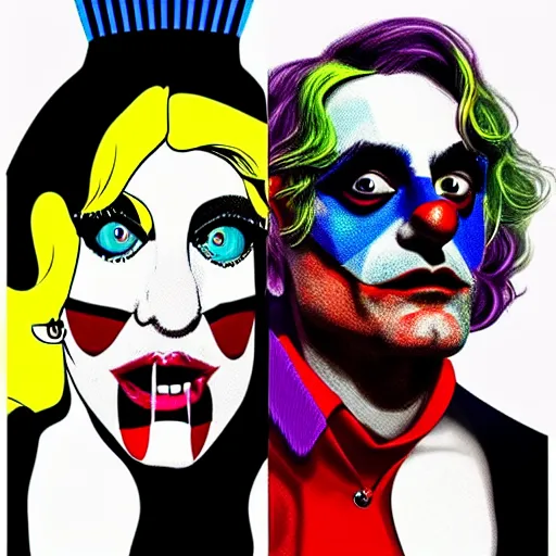 Image similar to richard hamilton and mimmo rottela as lady gaga harley queen and joaquin phoenix joker couple, pop art, 2 color, left align, object details, dynamic composition, 4 k, ultra realistic art, smooth, sharp focus, illustration, concept art, intricate details, h 7 6 8