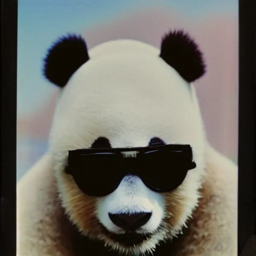 Image similar to grainy head to shoulder portrait polaroid film photograph of a panda in a mall wearing aviator shades. super resolution. surreal. extremely detailed. polaroid 6 0 0 film. by annie leibovitz and richard avedon