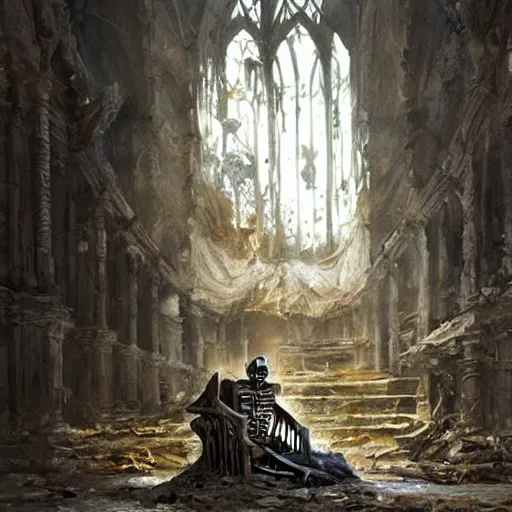 Prompt: Skeleton King wearing ragged clothes resting on a throne inside a ruined cathedral, oil painting, by Fernanda Suarez and Greg Rutkowski