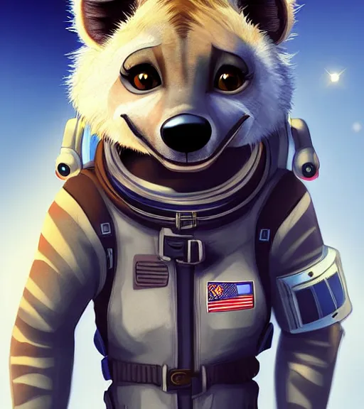 Image similar to digital detailed art of furry female hyena, in style of zootopia, fursona, furry, furaffinity, deviantart, wearing astronaut outfit, in style of mark arian, floating in space, space background, hyena fursona, cyberpunk, female, detailed face, style of artgerm,