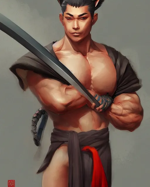 Image similar to A muscular man with fox ears and a katana wearing a kimono, visualartzi, Japanese, concept art by Karla Ortiz, James Paick, Charlie Bowater, Krenz Cushart, highly detailed, ultra detailed, ultra realistic, trending on artstation, cgstudio