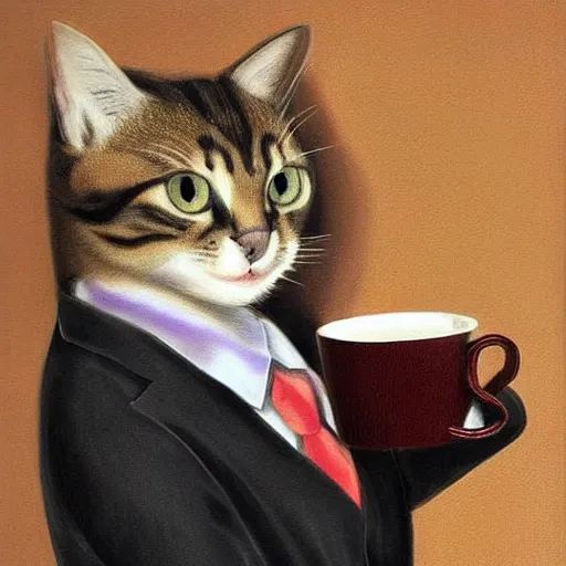 Prompt: kitty cat drinking coffee in a suit hyperrealism photo - realistic