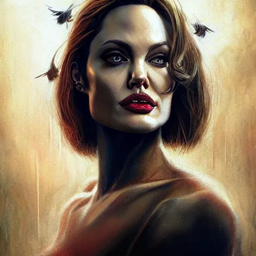 Image similar to Angelina Jolie as Lucifer Morningstar, highly detailed, digital painting, artstation, concept art, smooth, sharp focus, illustration, ArtStation, art by Katsuhiro Otomo and Tom Bagshaw