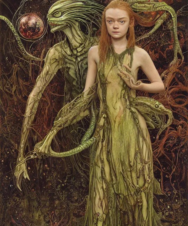 Prompt: a portrait photograph of a fierce sadie sink as an alien harpy queen with slimy amphibian skin. she is trying on a leather bulbous flowing slimy organic membrane parasite dress and transforming into an insectoid amphibian. by donato giancola, walton ford, ernst haeckel, brian froud, hr giger. 8 k, cgsociety