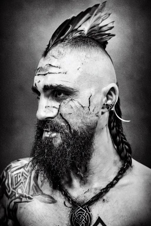 Prompt: a cinematic view of wide bw photo from a very ornated old shavo odadjian viking, half shaved haircut, braided beard, showing nordic tattoos in the head, stained skin, feather earing, using leather armour with necklace of teeth, marvelous expression, photorealistic, volummetric light, detailed, texturized, zeiss lens high professional mode