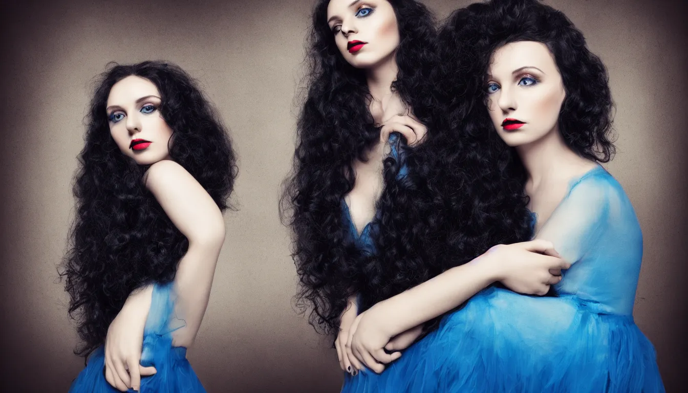 Prompt: a portrait photography of a beautiful woman with black long curly hair and full body dress in blue by Flora Borsi, soft professional studio lighting, dramatic colors scheme, fine art photography, dramatic colors background, 50 mm sigma art