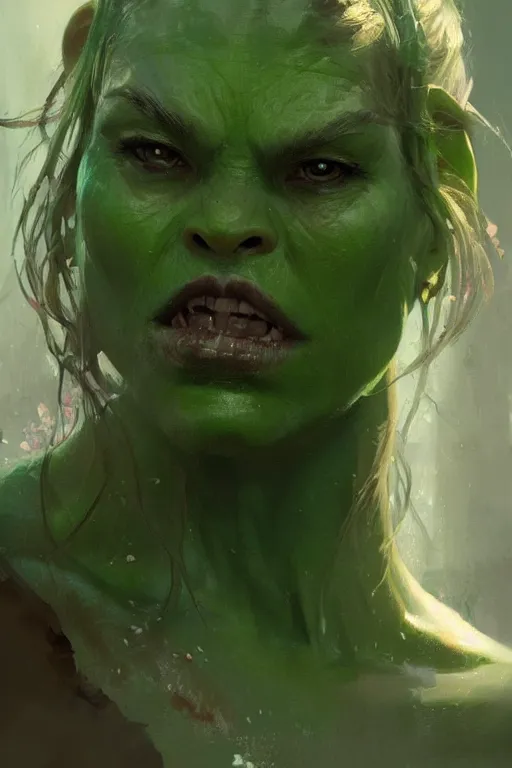 Image similar to green orc female, light green tone beautiful face, by greg rutkowski, by jeremy mann, digital painting