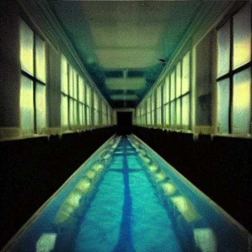 Image similar to Beautiful colored-photo cameraphone 2005 soft liminal Photograph of an infinite dark hallway pool